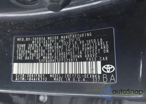 2015 Toyota Corolla Le from USA, damaged, VIN 5YFBURHE5FP329874